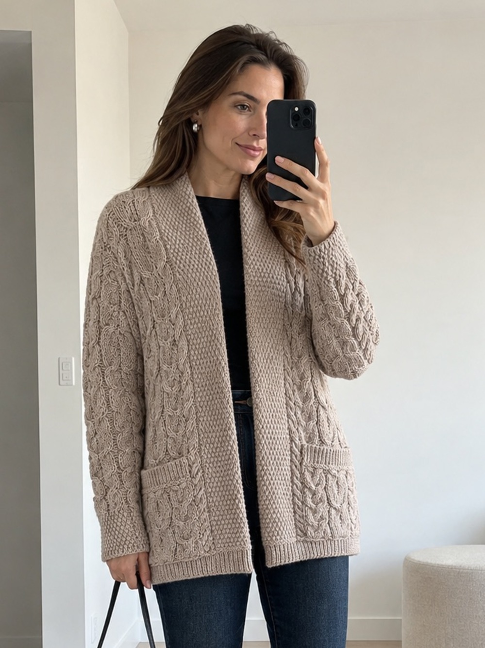 Vince Cable Knit Shawl Collar Cardigan Beige Merino Wool Alpaca XS Longline
